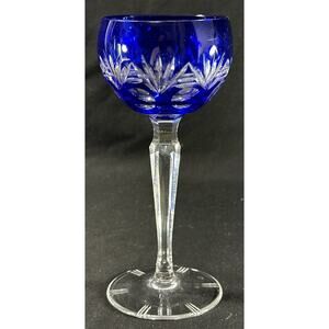 Cobalt Blue Cut to Clear Crystal Wine Glass Goblet Bohemian Style 7.5”
